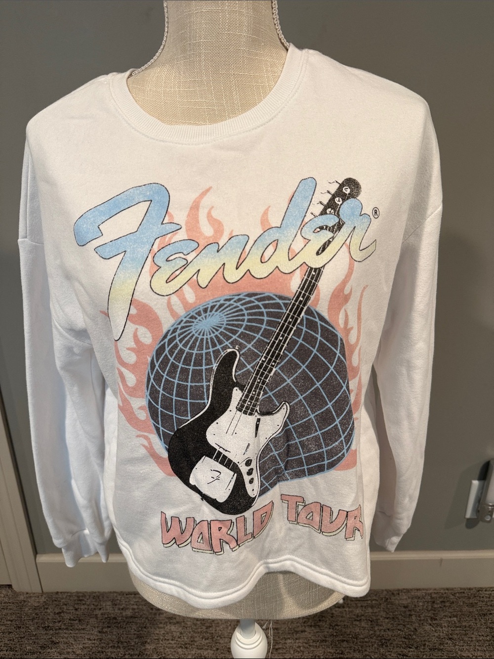 Fender White Long Sleeve Tee with Blue & Pink Graphic